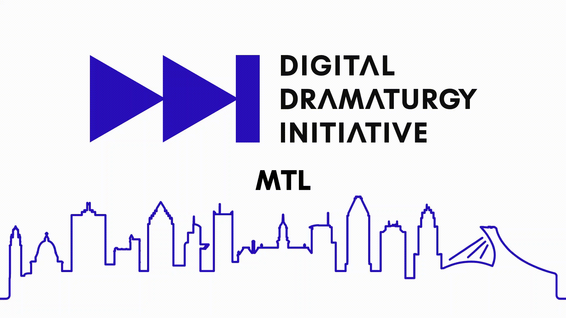 Logo of the Digital Dramaturgy Initiative on top of Montreal skyline