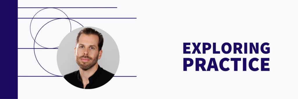 A banner with a center graphic in the shape of a circle: A headshot photo of the facilitator, Jesse Stong. The graphic is surrounded by black horizontal lines and other circular shapes on top of a lilac background. On the side, it reads: Exploring Practice.