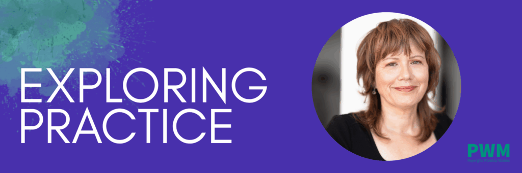 A blue background with a green paint splatter on the upper left side. Beneath, to the left, the words Exploring Practice in white. To the right, the headshot of the workshop facilitator, Emma Tibaldo.