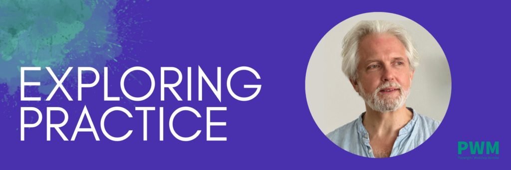 A royal blue background with a green paint spatter on the upper left corner. On the left side of the banner, written in white, the words Exploring Practice. To the right of these words, a headshot of the workshop facilitator, Nick Carpenter.