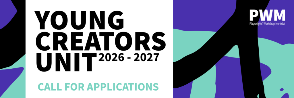 A graffiti-like background of blue, turquoise, and black. On the left side, the words Young Creators Unit 2026-2027, Call for Applications. On the top right, the PWM logo in white.