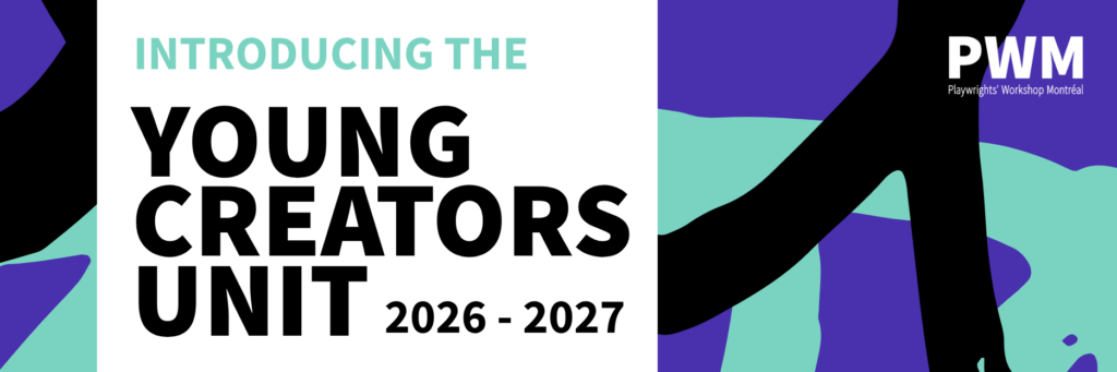 A graffiti-style background of indigo blue, turquoise, and black. On the top right, the PWM logo in white. On the left, in a white block, the words "Introducing the" in turquoise, followed by "Young Creators Unit 2026-2027" in black.